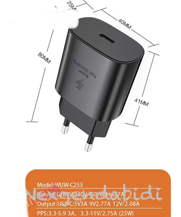 سرشارژر 25 وات WUW مدل C253 شارژر فست شارژ Type-C با طراحی کوچک و ایمن