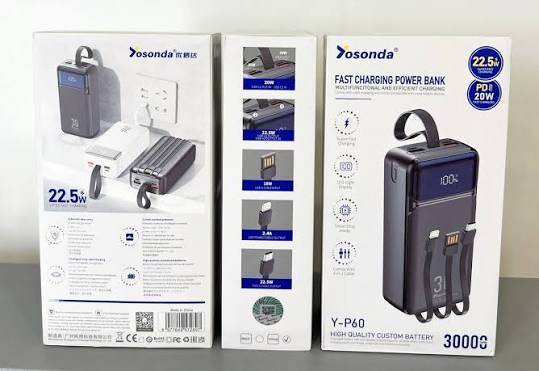 پاوربانک 30000 میلی آمپر YOSONDA مدل Y-P60 فست شارژ 22.5 وات با ظرفیت بالا